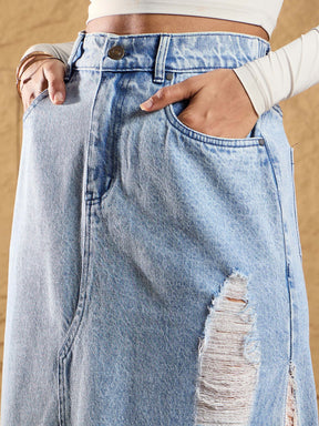 Ice Blue Distressed Side Slit Maxi Skirt-SASSAFRAS