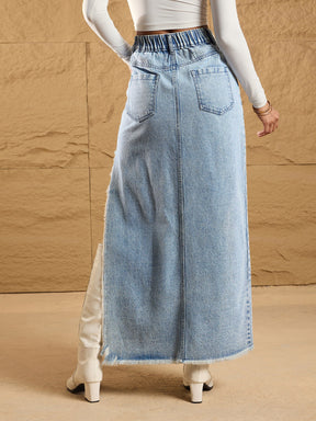 Ice Blue Distressed Side Slit Maxi Skirt-SASSAFRAS