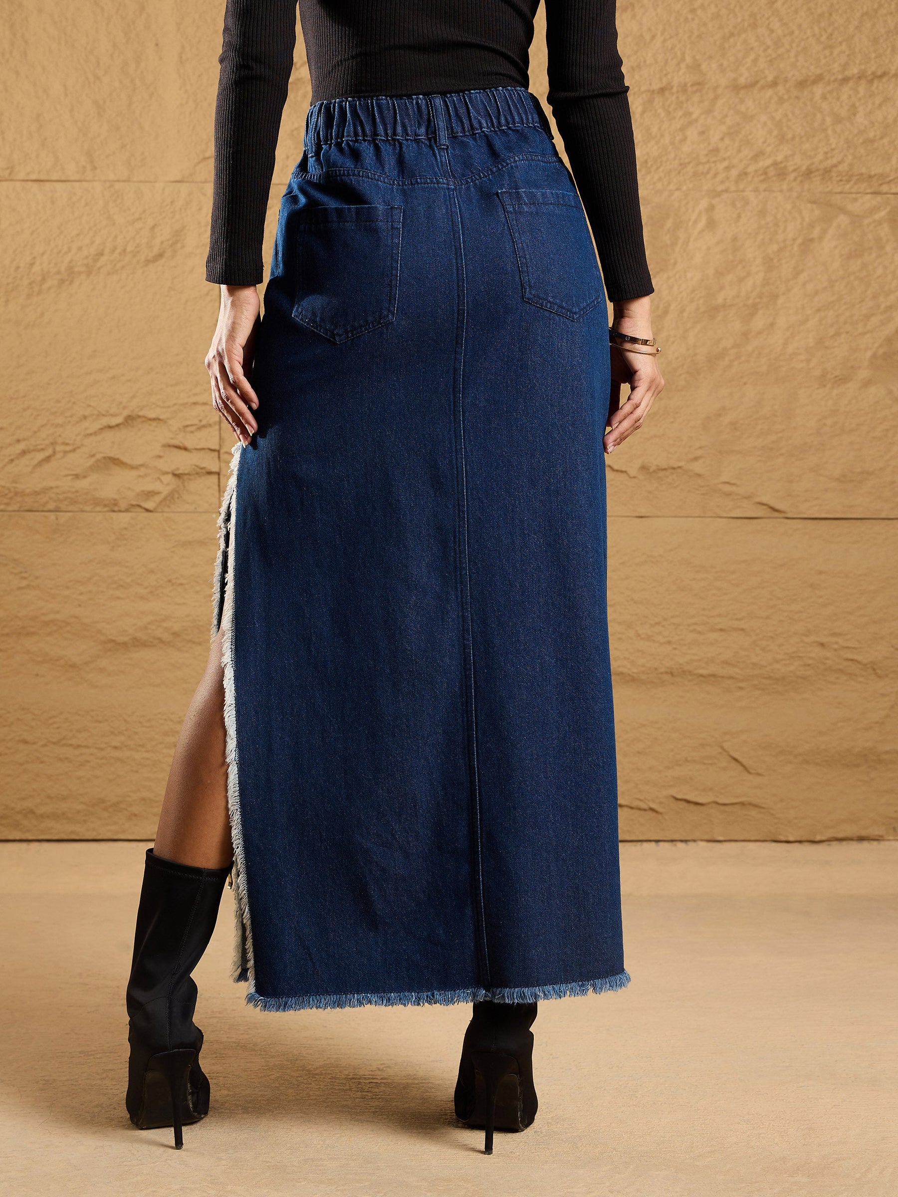 Navy Distressed Side Slit Maxi Skirt-SASSAFRAS