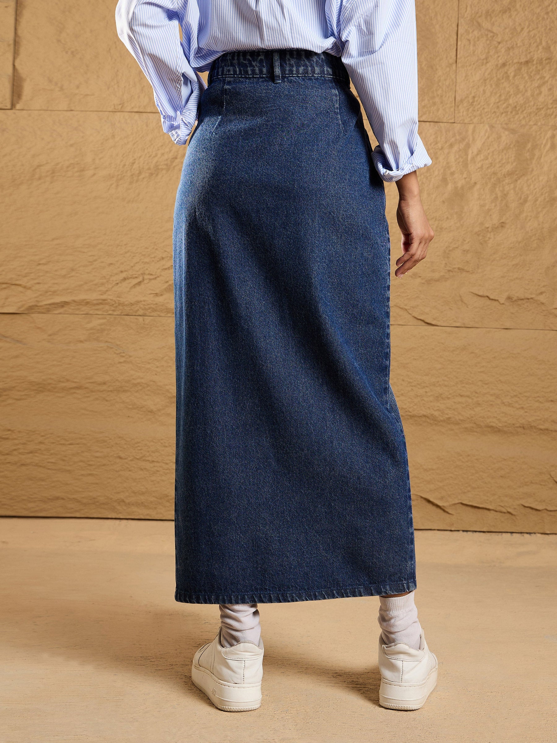 Blue Asymmetrical Waist Front Slit Maxi Skirt-SASSAFRAS