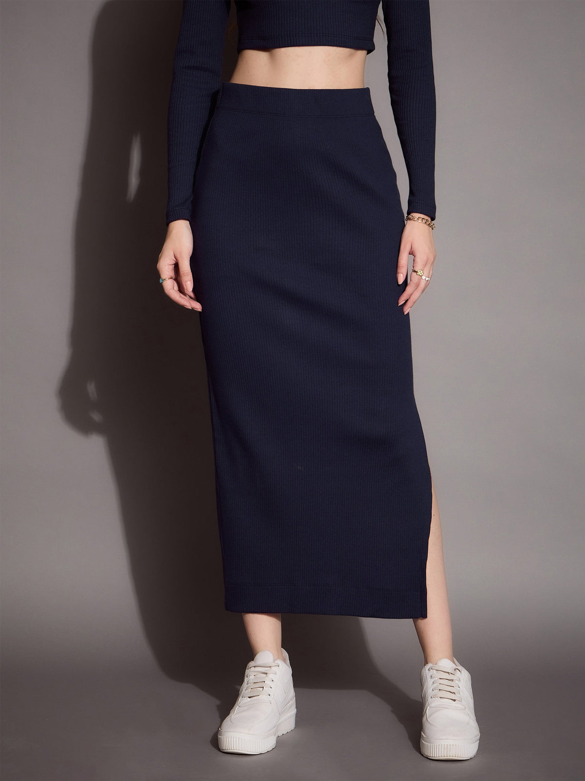 Navy Rib Pencil Skirt-SASSAFRAS BASICS