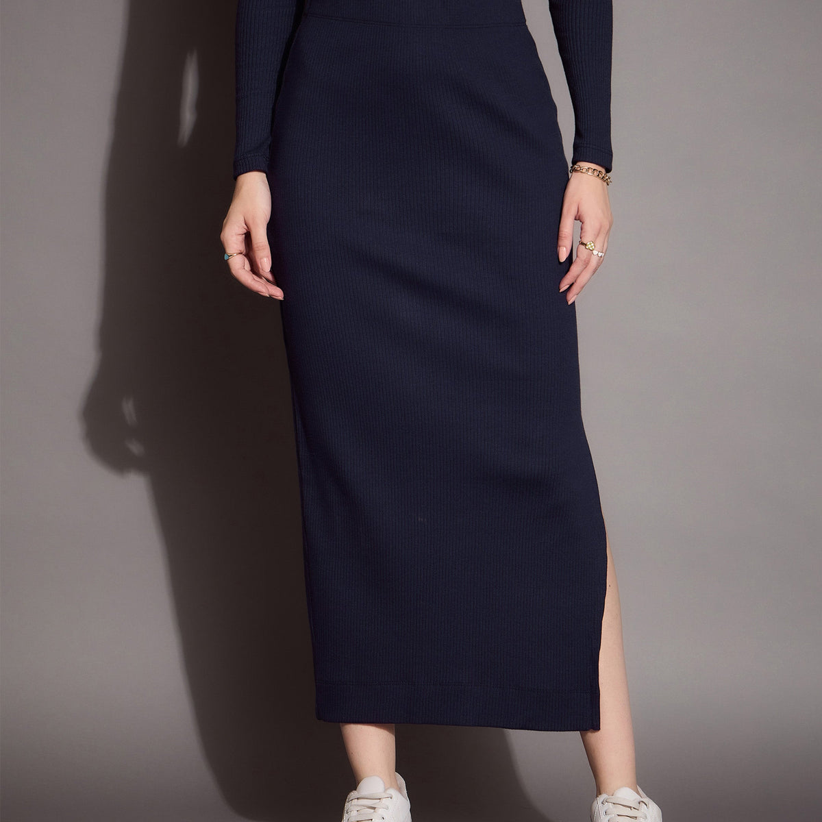 Buy Navy Rib Pencil Skirt Online At Best Price - Sassafras.in