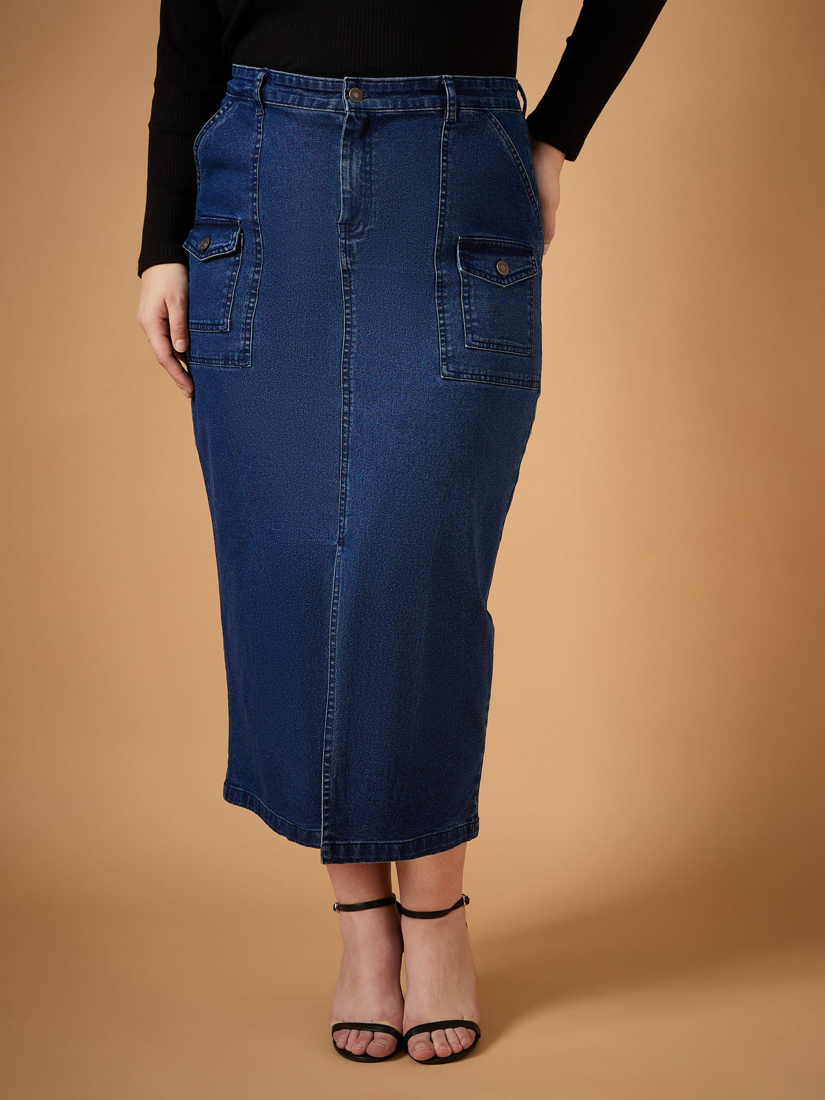 Navy Denim Wash Front Slit Skirt-SASSAFRAS Curve