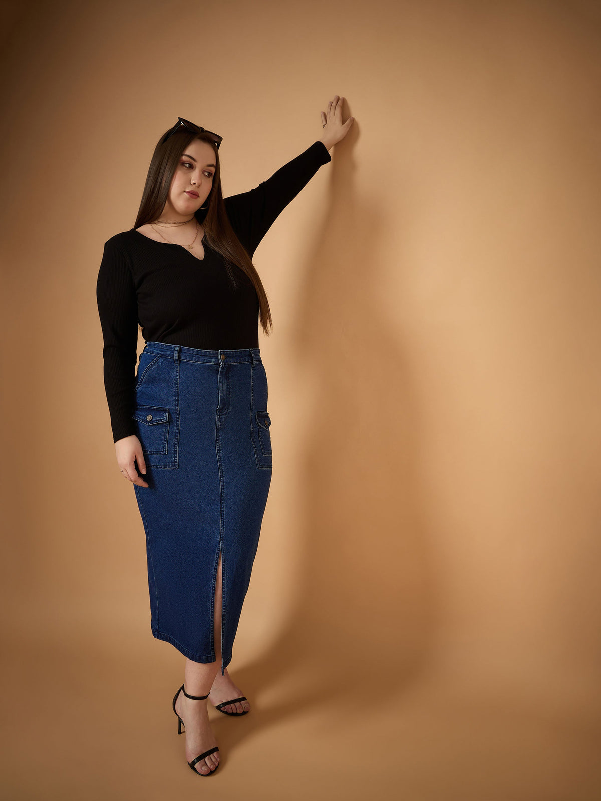 Navy Denim Wash Front Slit Skirt-SASSAFRAS Curve