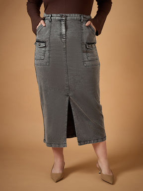 Black Denim Wash Front Slit Skirt-SASSAFRAS Curve