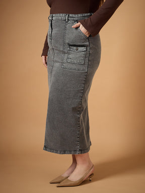 Black Denim Wash Front Slit Skirt-SASSAFRAS Curve