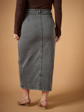 Black Denim Wash Front Slit Skirt-SASSAFRAS Curve