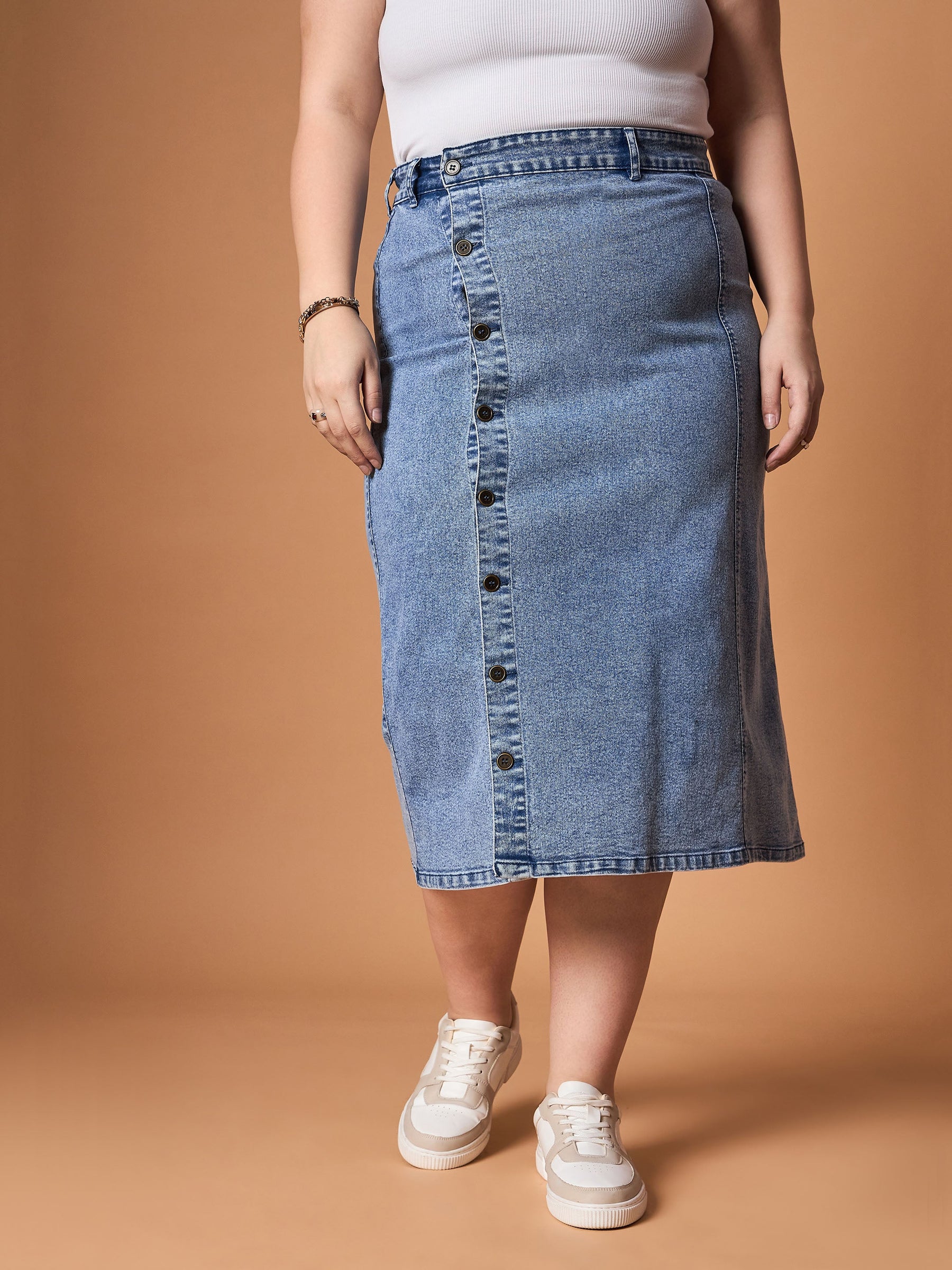 Blue Wash Denim Side Button Midi Skirt -SASSAFRAS Curve