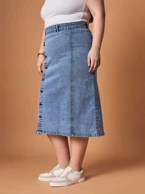 Blue Wash Denim Side Button Midi Skirt -SASSAFRAS Curve