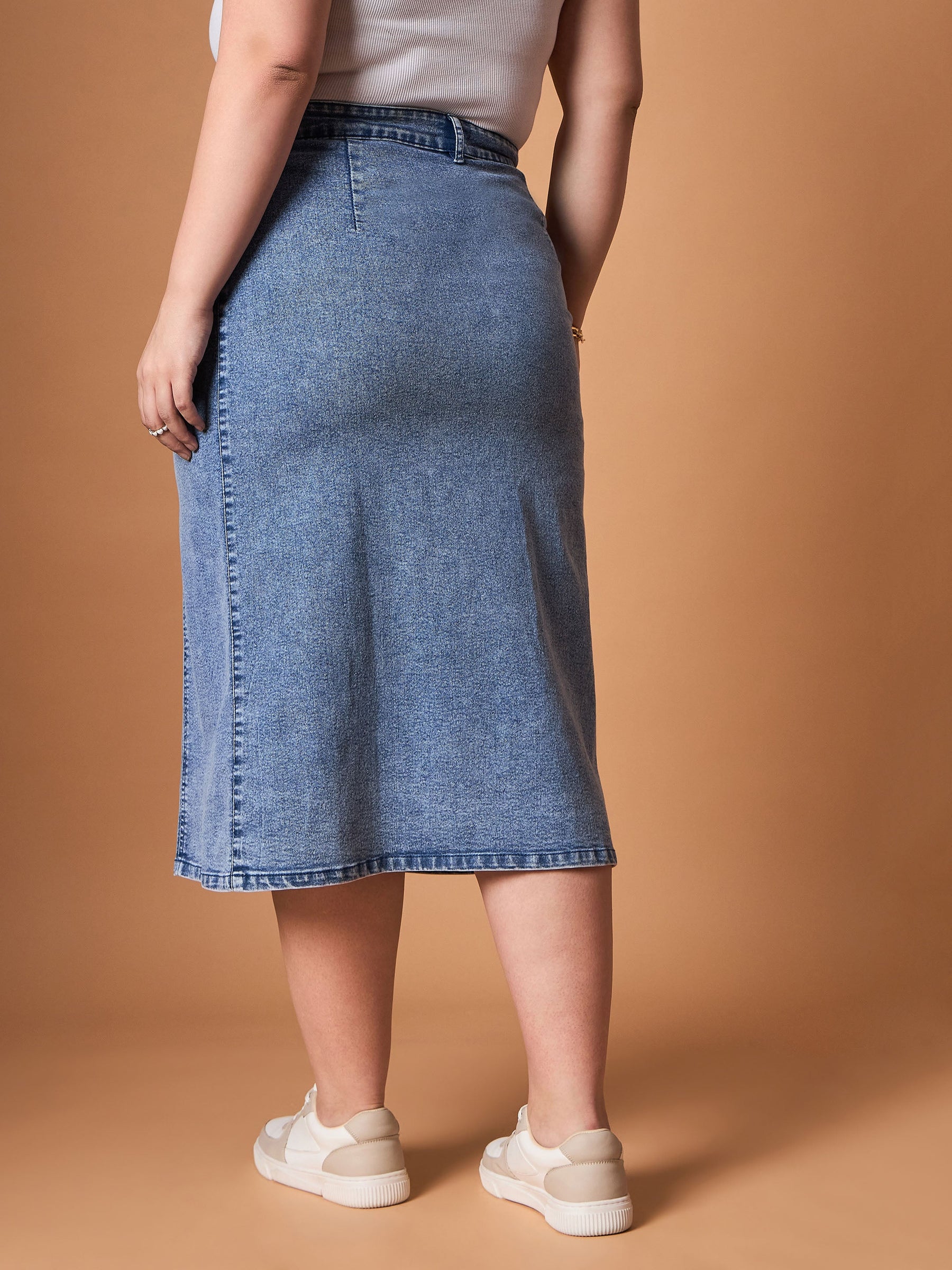 Blue Wash Denim Side Button Midi Skirt -SASSAFRAS Curve