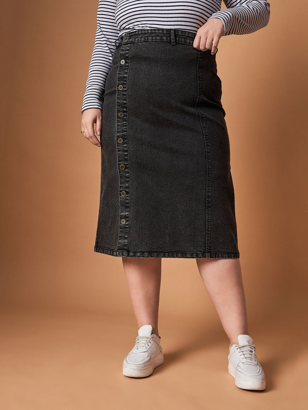 Black Acid Wash Denim Side Button Midi Skirt -SASSAFRAS Curve