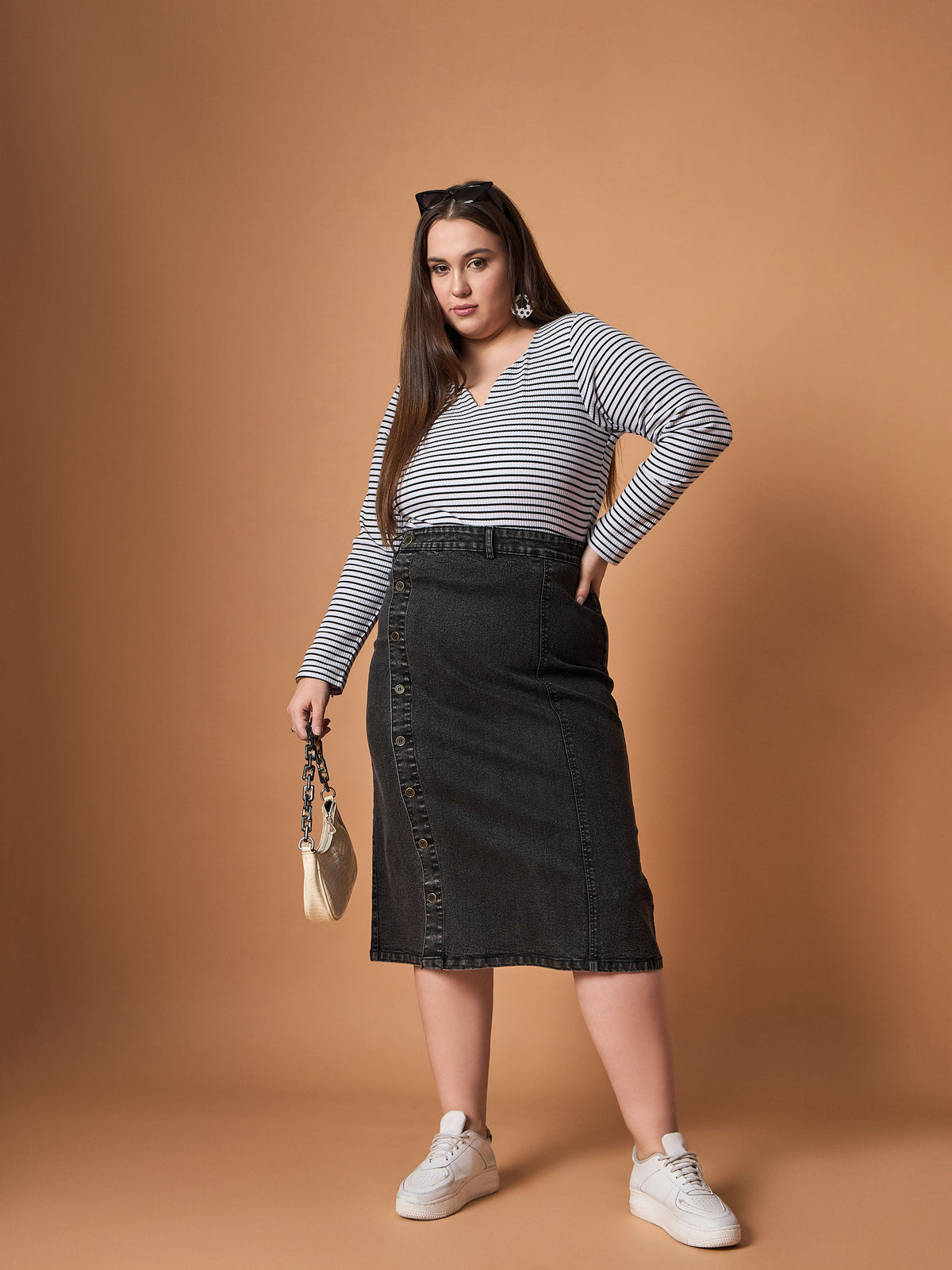 Black Acid Wash Denim Side Button Midi Skirt -SASSAFRAS Curve