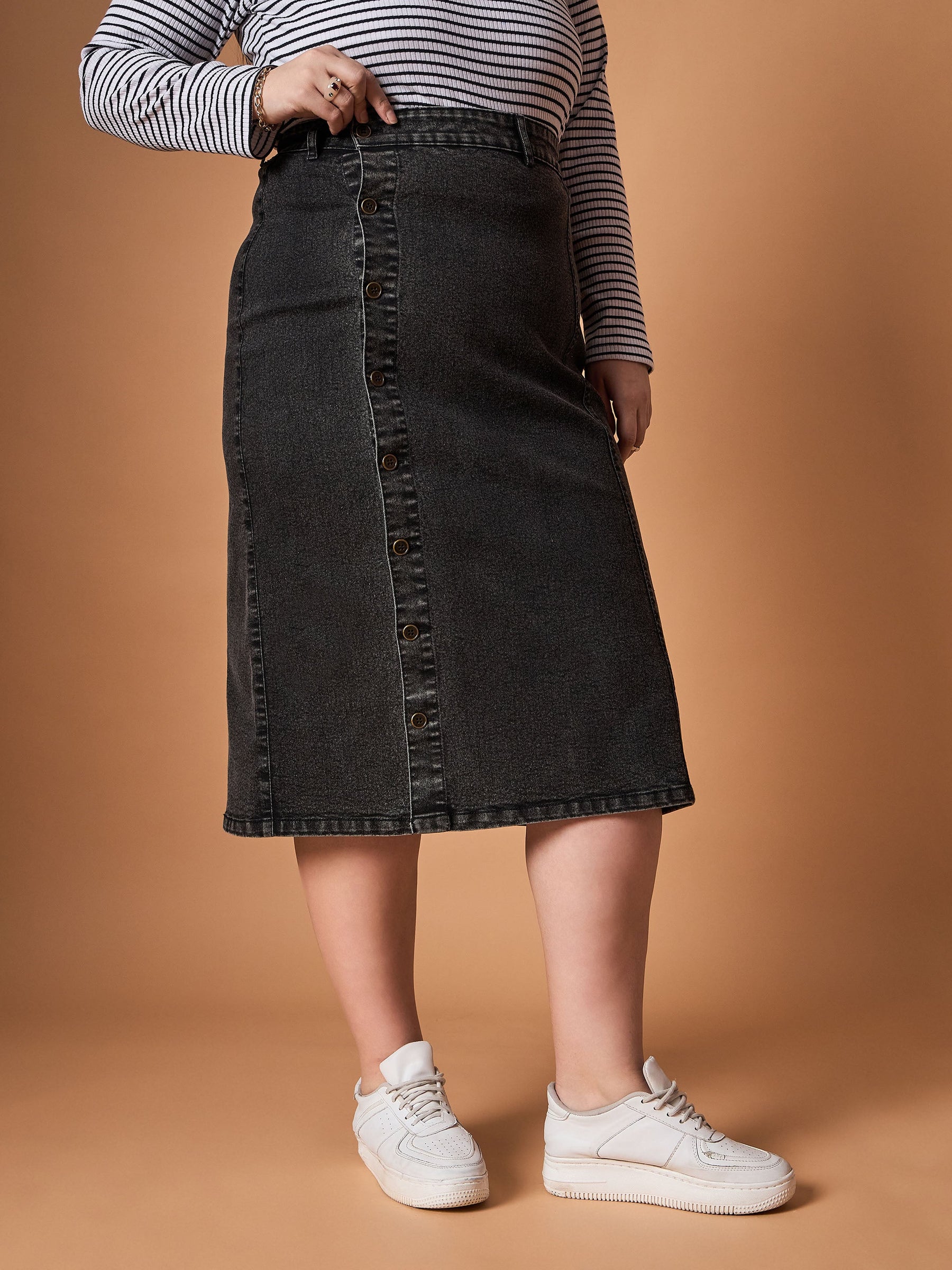 Black Acid Wash Denim Side Button Midi Skirt -SASSAFRAS Curve