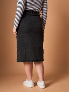 Black Acid Wash Denim Side Button Midi Skirt -SASSAFRAS Curve