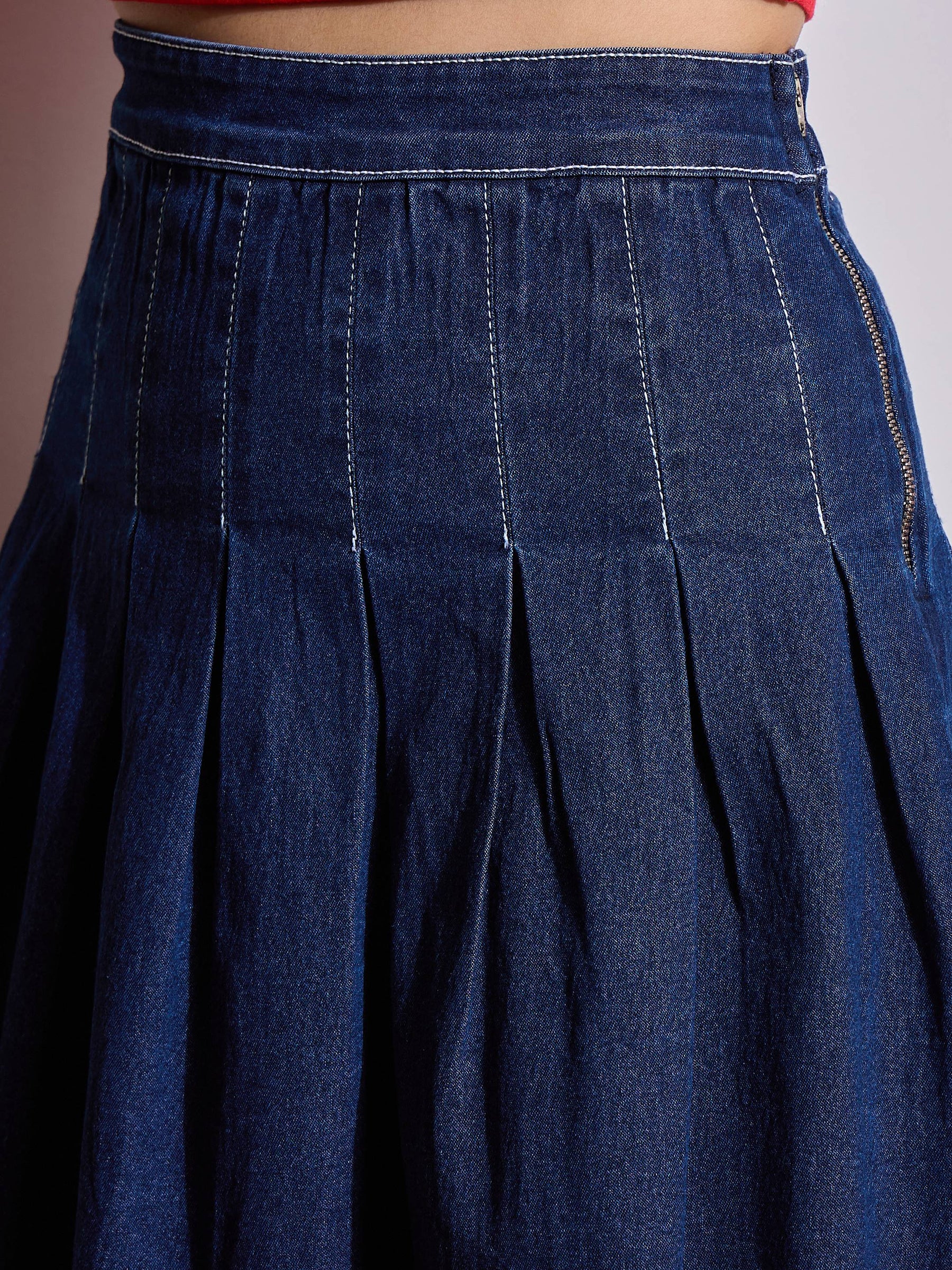 Blue Washed Denim Pleated Mini Skirt -SASSAFRAS