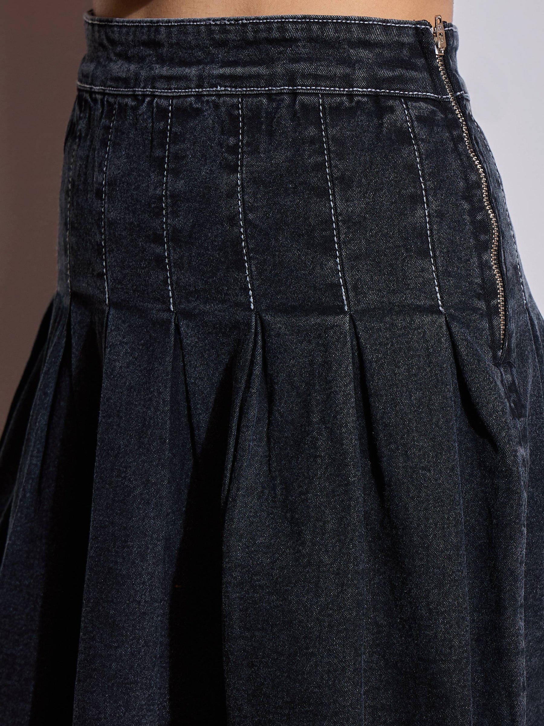 Black Washed Denim Pleated Mini Skirt-SASSAFRAS