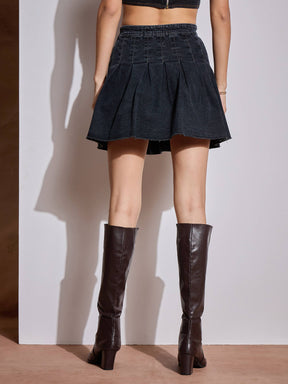 Black Washed Denim Pleated Mini Skirt-SASSAFRAS