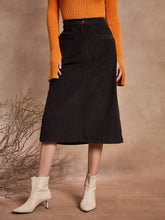 Black Corduroy Mock Pocket Midi Skirt-SASSAFRAS