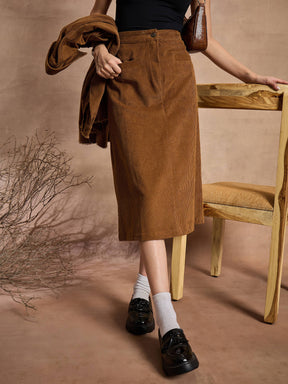 Brown Corduroy Mock Pocket Skirt-SASSAFRAS