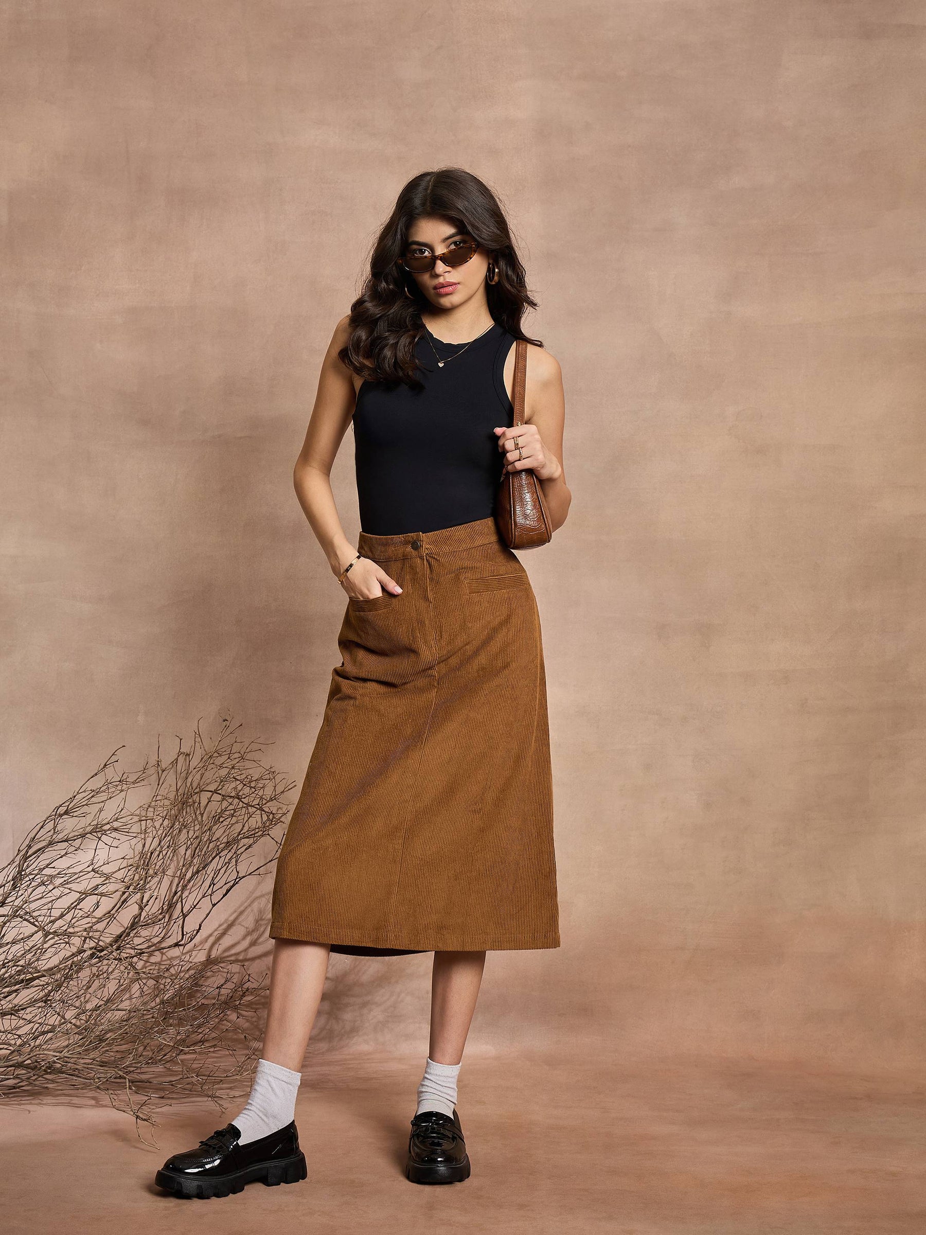 Brown Corduroy Mock Pocket Skirt-SASSAFRAS