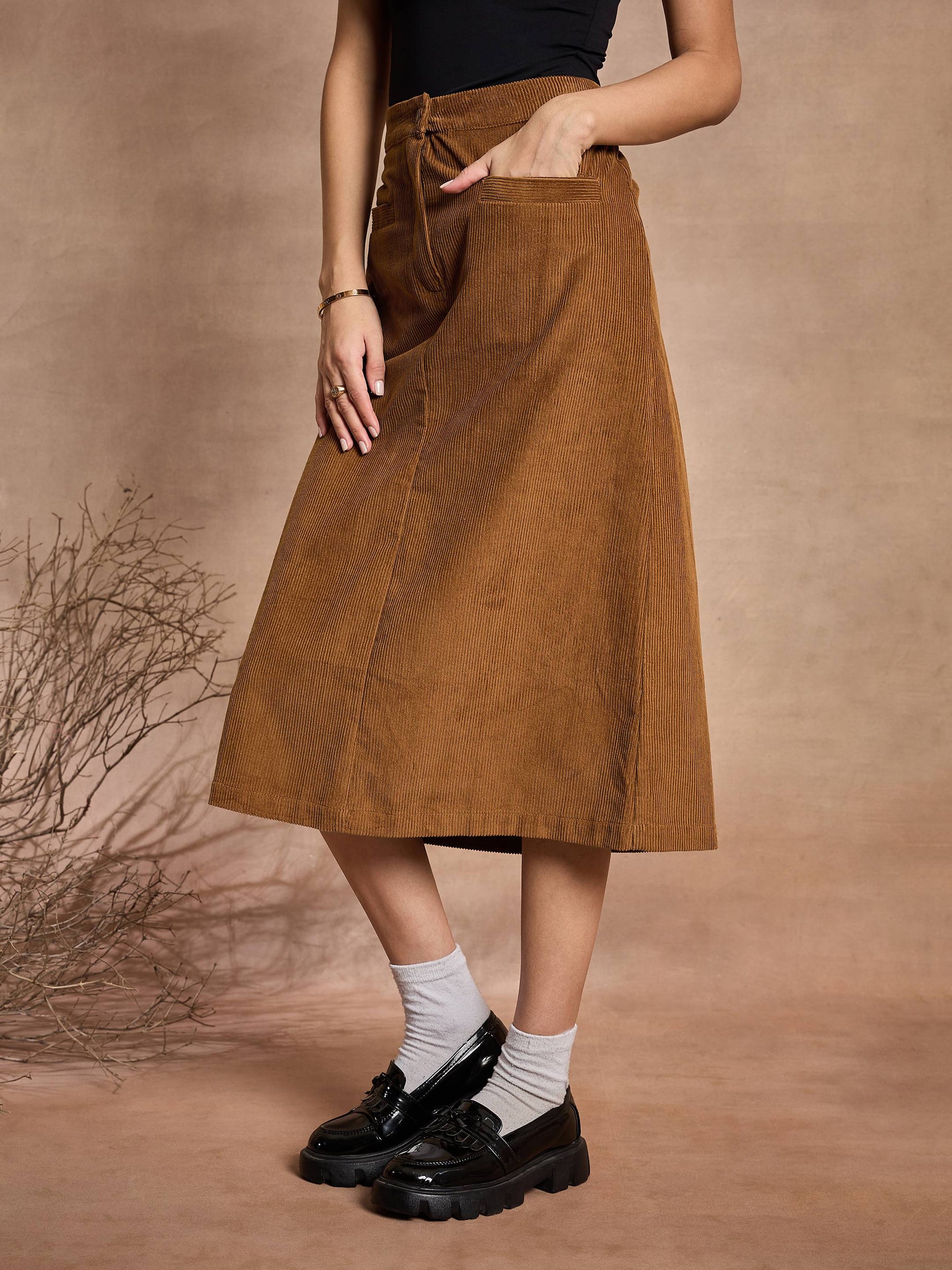 Brown Corduroy Mock Pocket Skirt-SASSAFRAS