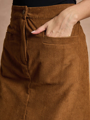 Brown Corduroy Mock Pocket Skirt-SASSAFRAS