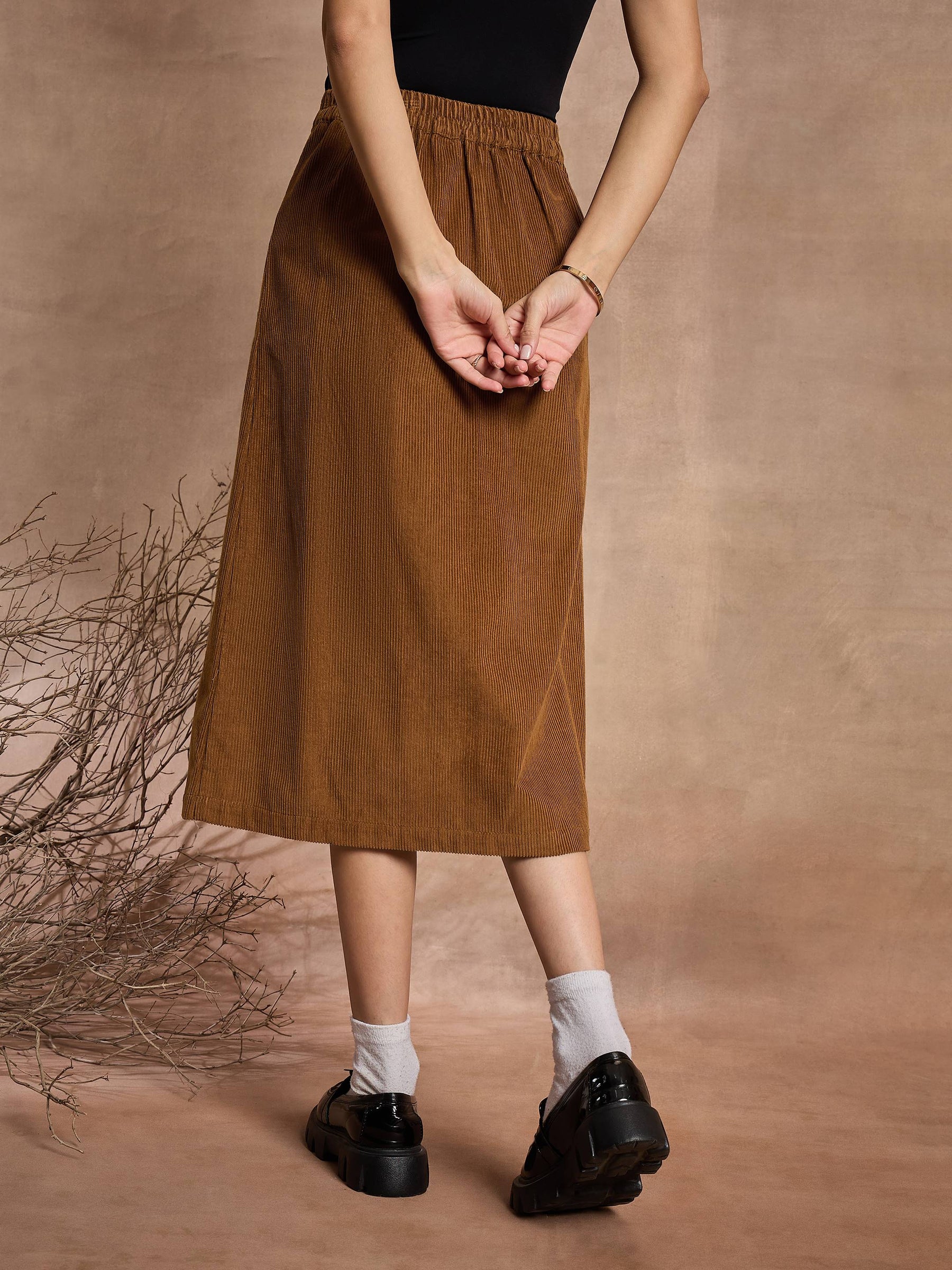 Brown Corduroy Mock Pocket Skirt-SASSAFRAS