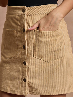 Beige Corduroy Front Button Mini Skirt-SASSAFRAS