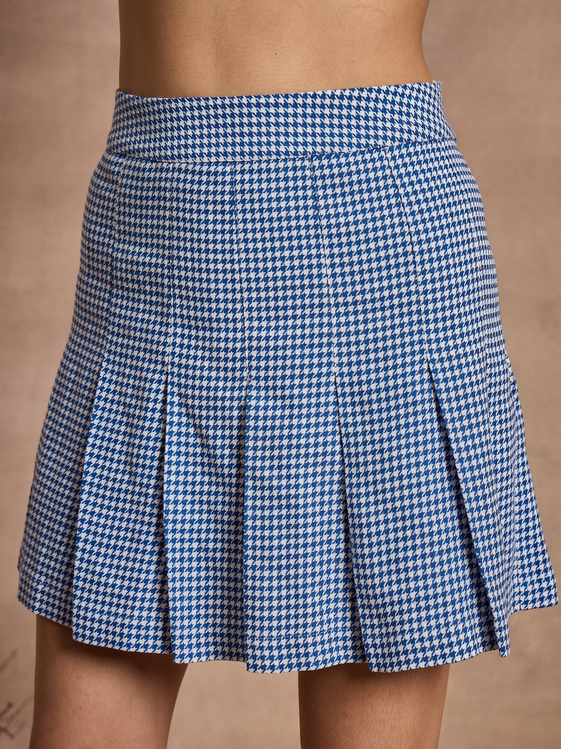 Blue Houndstooth Check Pleated Mini Skirt-SASSAFRAS