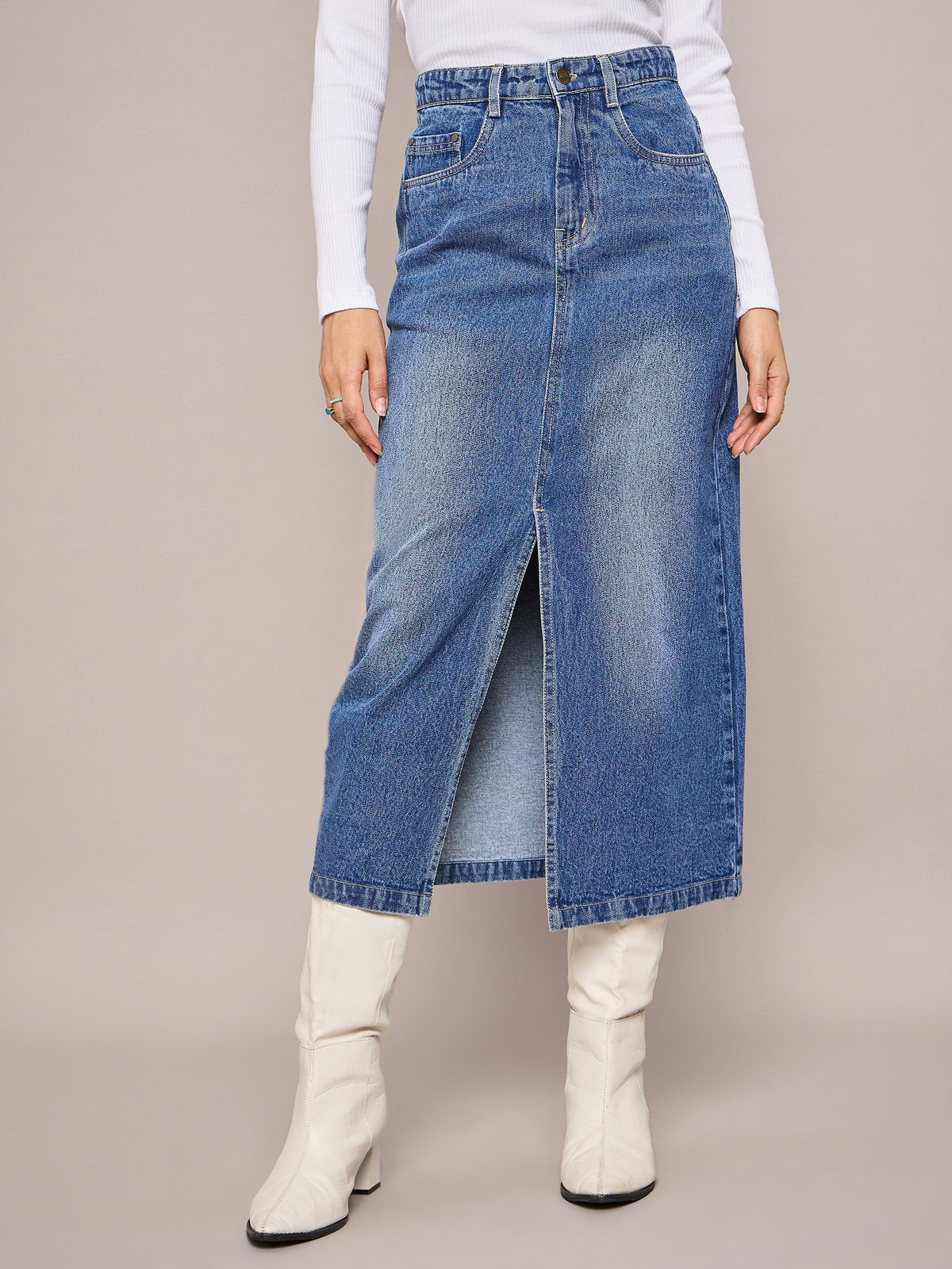 Blue Denim Front Slit Midi Skirt-SASSAFRAS BASICS