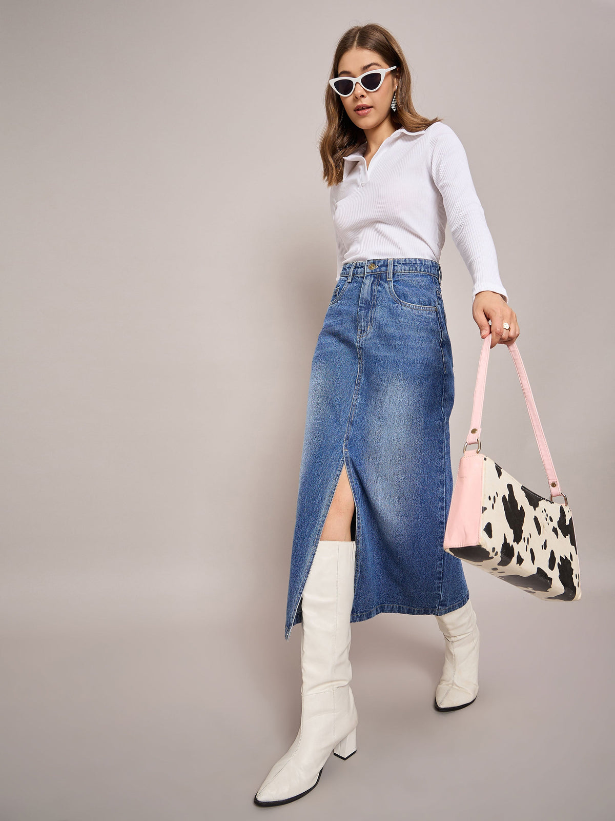 Blue Denim Front Slit Midi Skirt-SASSAFRAS BASICS