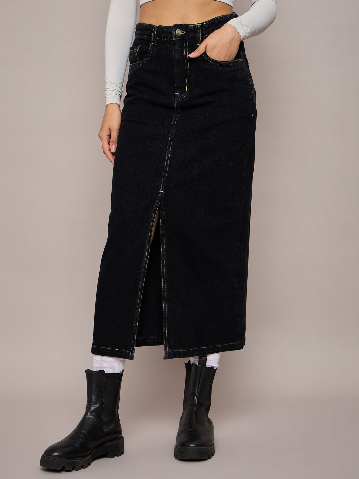 Black Denim Front Slit Midi Skirt-SASSAFRAS BASICS