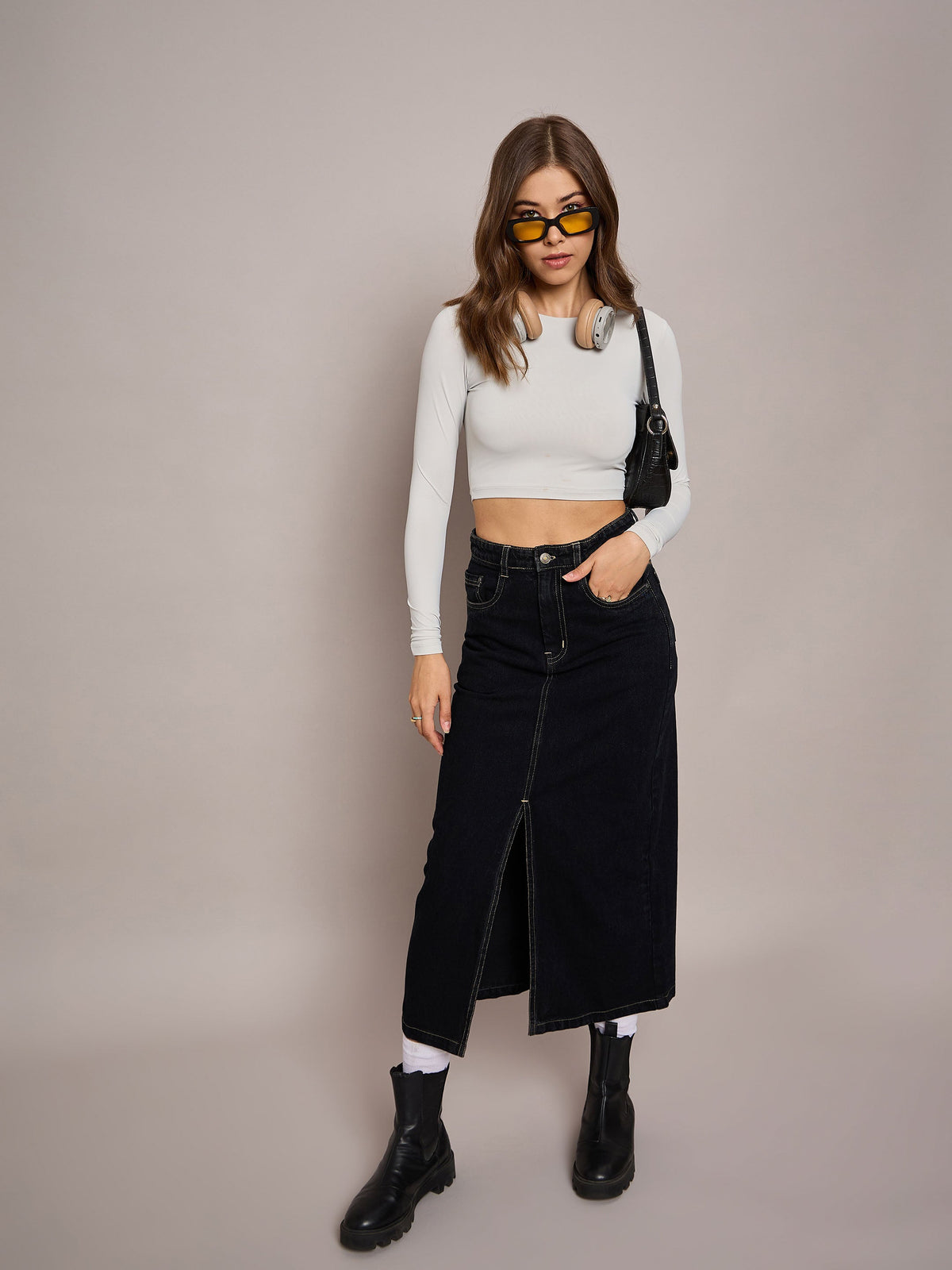 Black Denim Front Slit Midi Skirt-SASSAFRAS BASICS