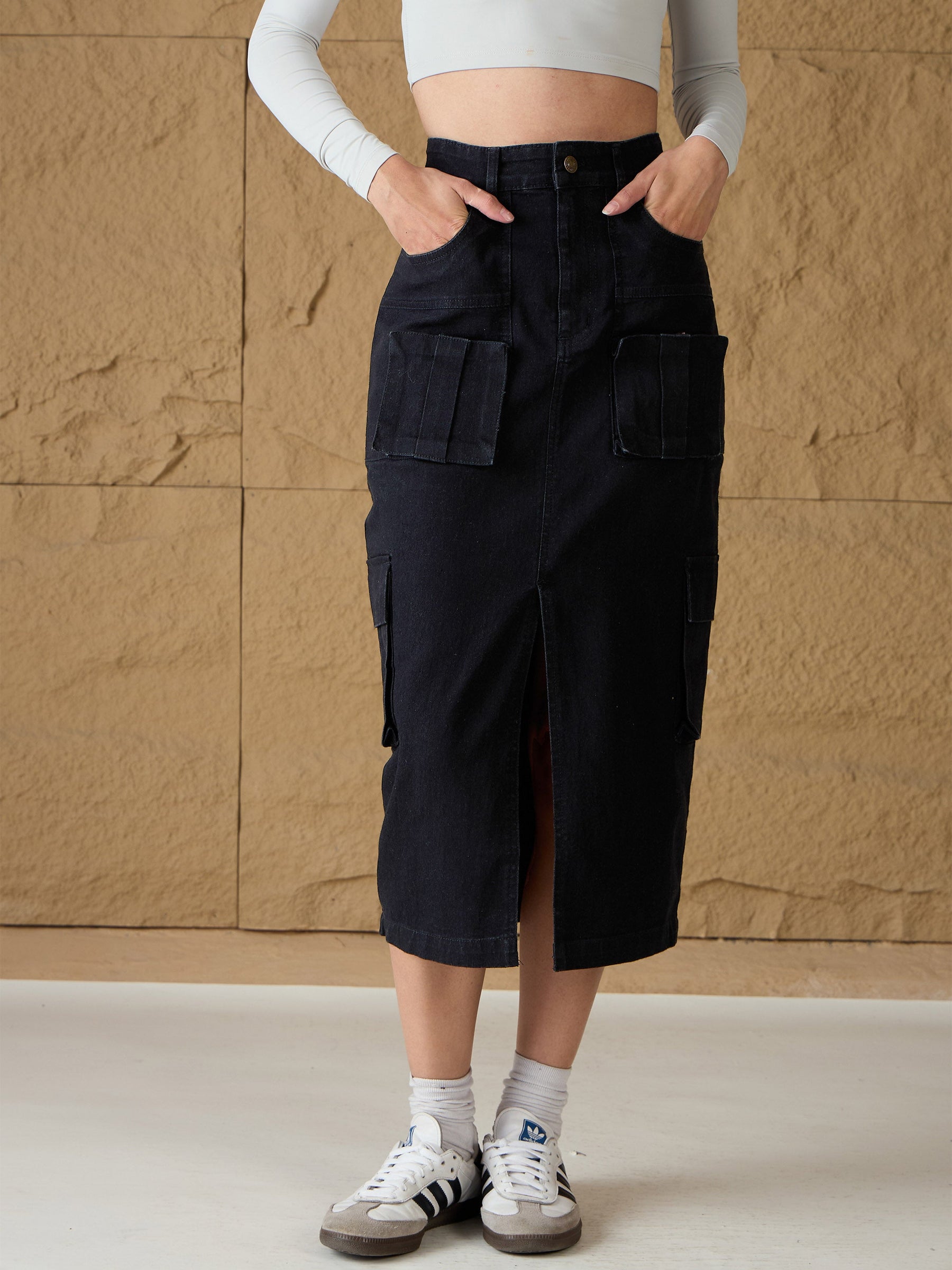 Black Denim Box Pocket Midi Skirt-SASSAFRAS