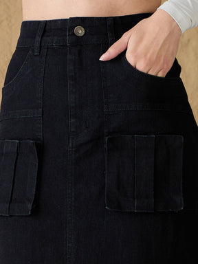 Black Denim Box Pocket Midi Skirt-SASSAFRAS