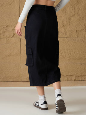 Black Denim Box Pocket Midi Skirt-SASSAFRAS