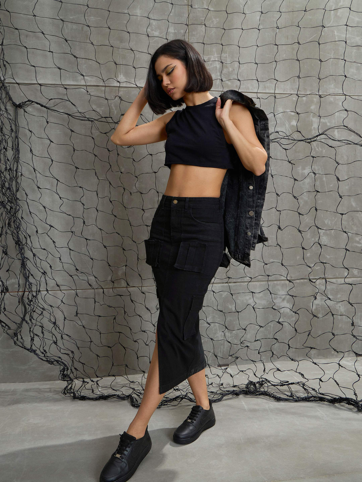 Black Denim Box Pocket Midi Skirt-SASSAFRAS