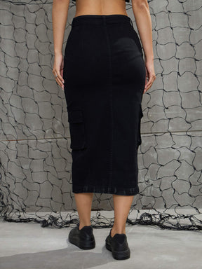 Black Denim Box Pocket Midi Skirt-SASSAFRAS