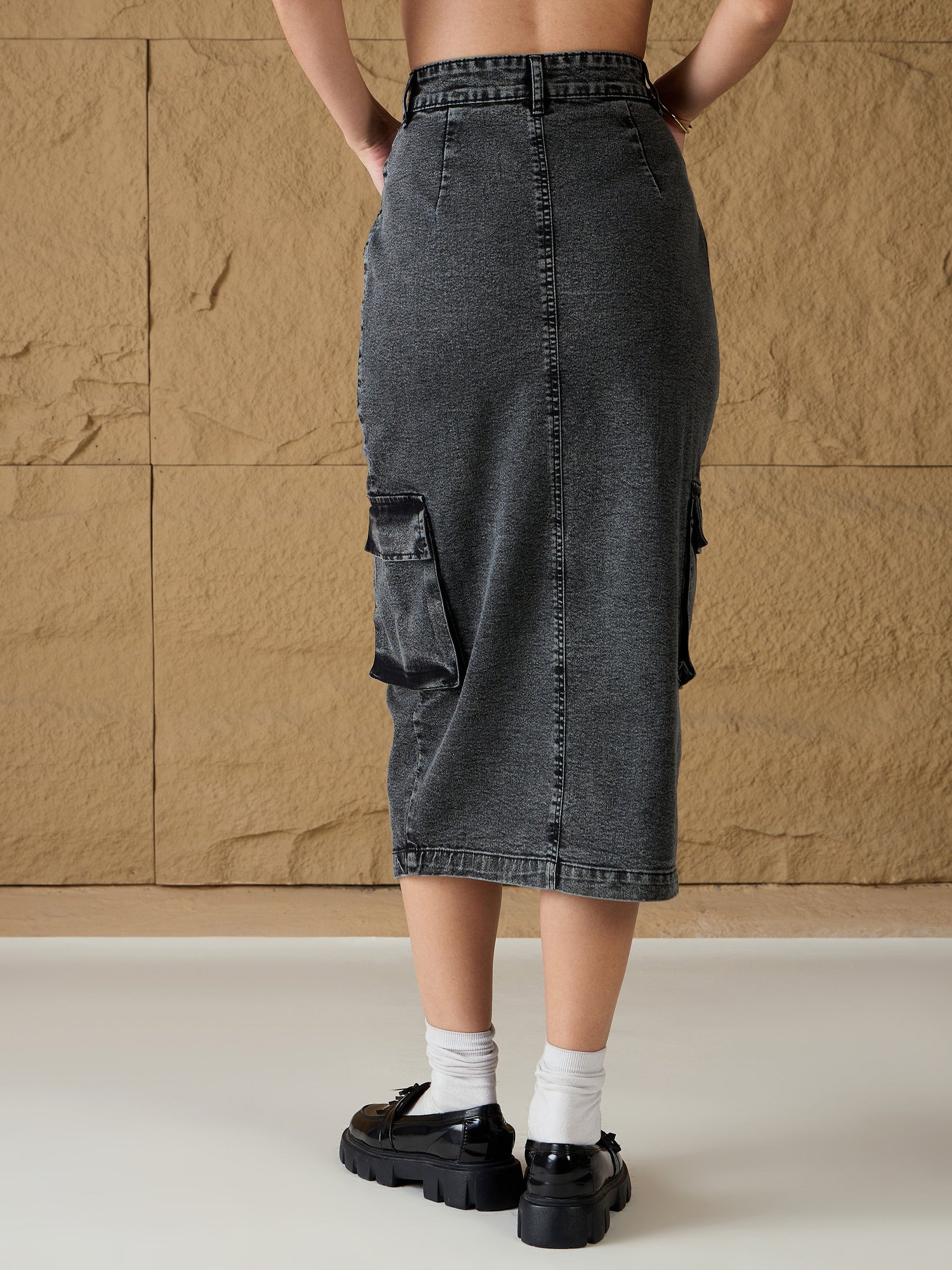 Grey Washed Denim Box Pocket Midi Skirt-SASSAFRAS