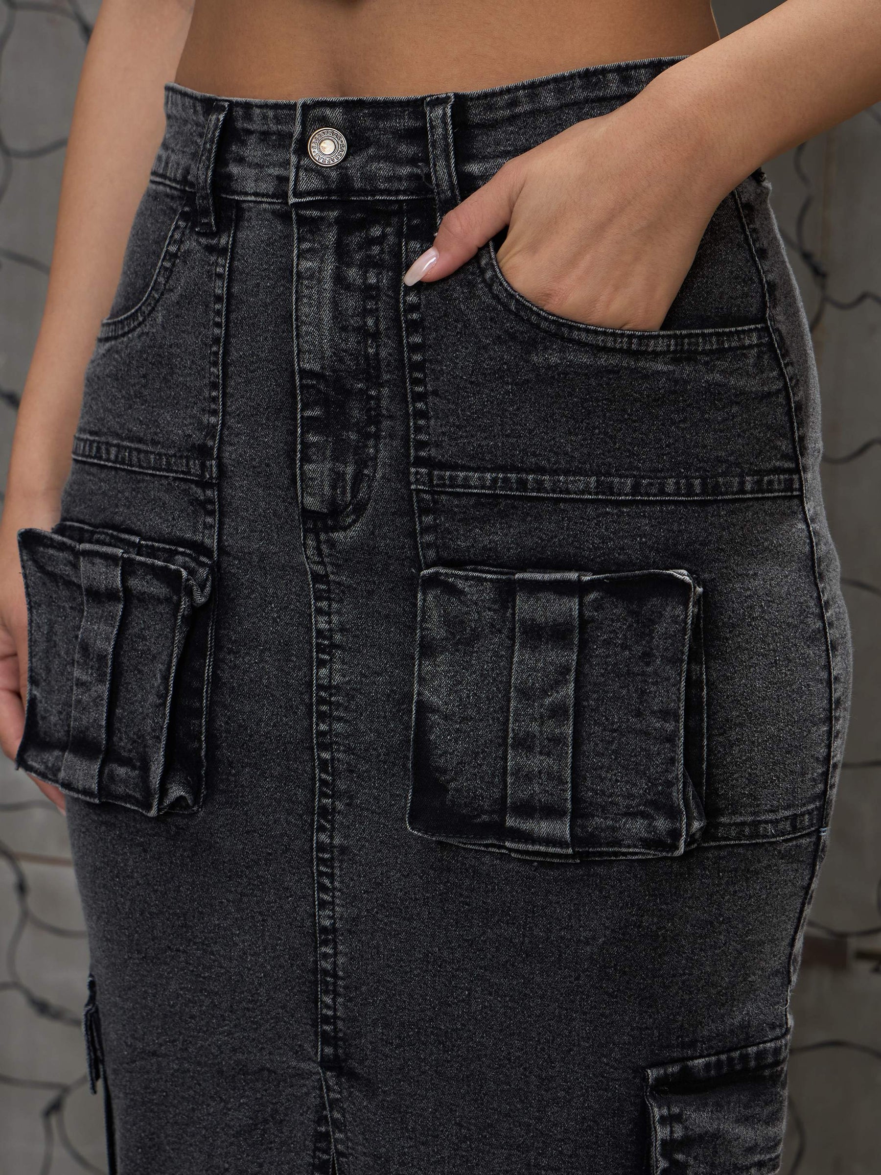 Grey Washed Denim Box Pocket Midi Skirt-SASSAFRAS