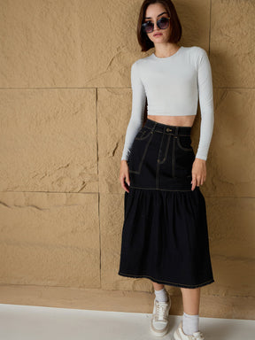 Black Denim Flared Midi Skirt-SASSAFRAS