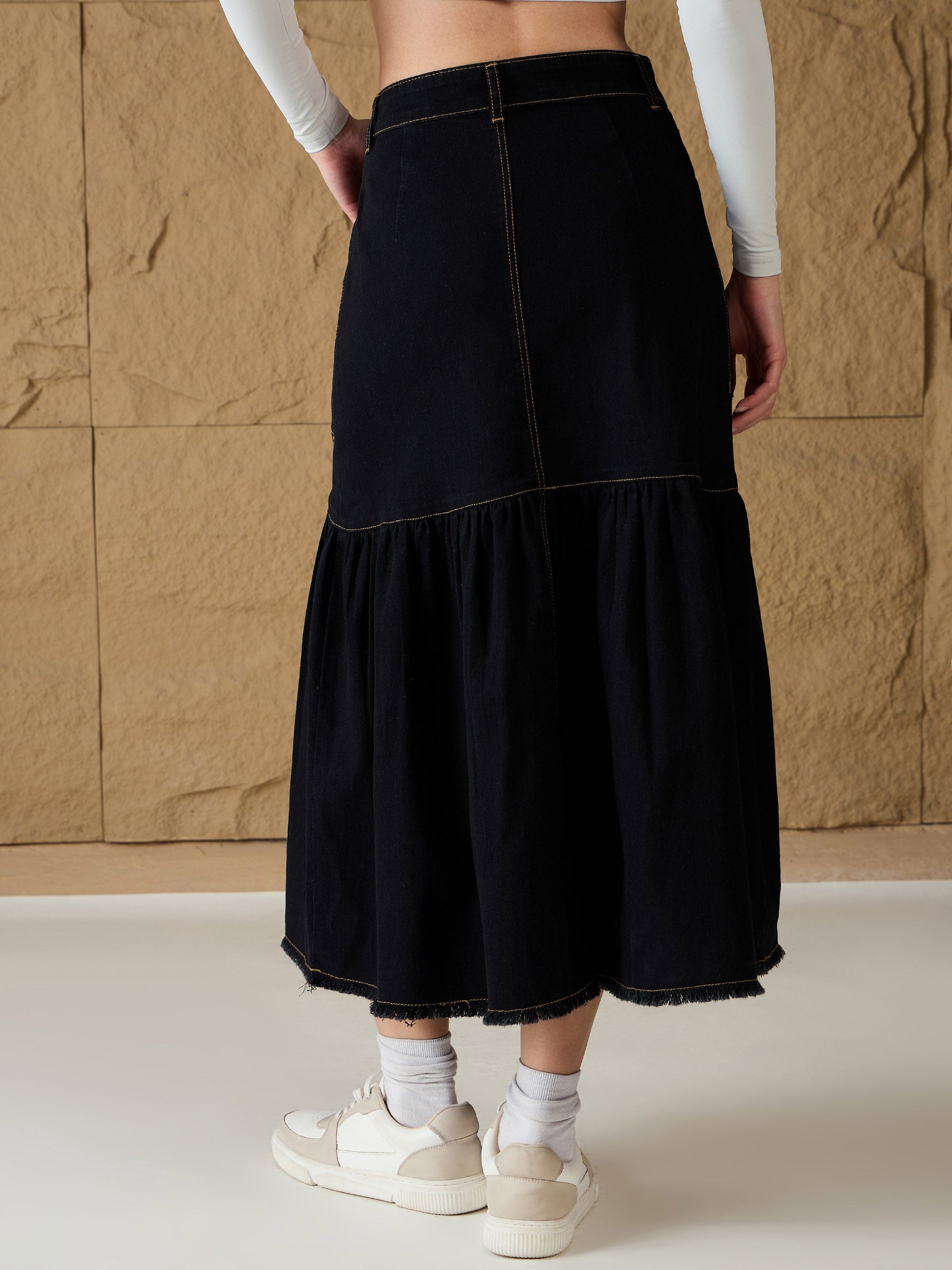 Black Denim Flared Midi Skirt-SASSAFRAS