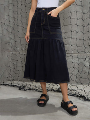 Black Denim Flared Midi Skirt-SASSAFRAS