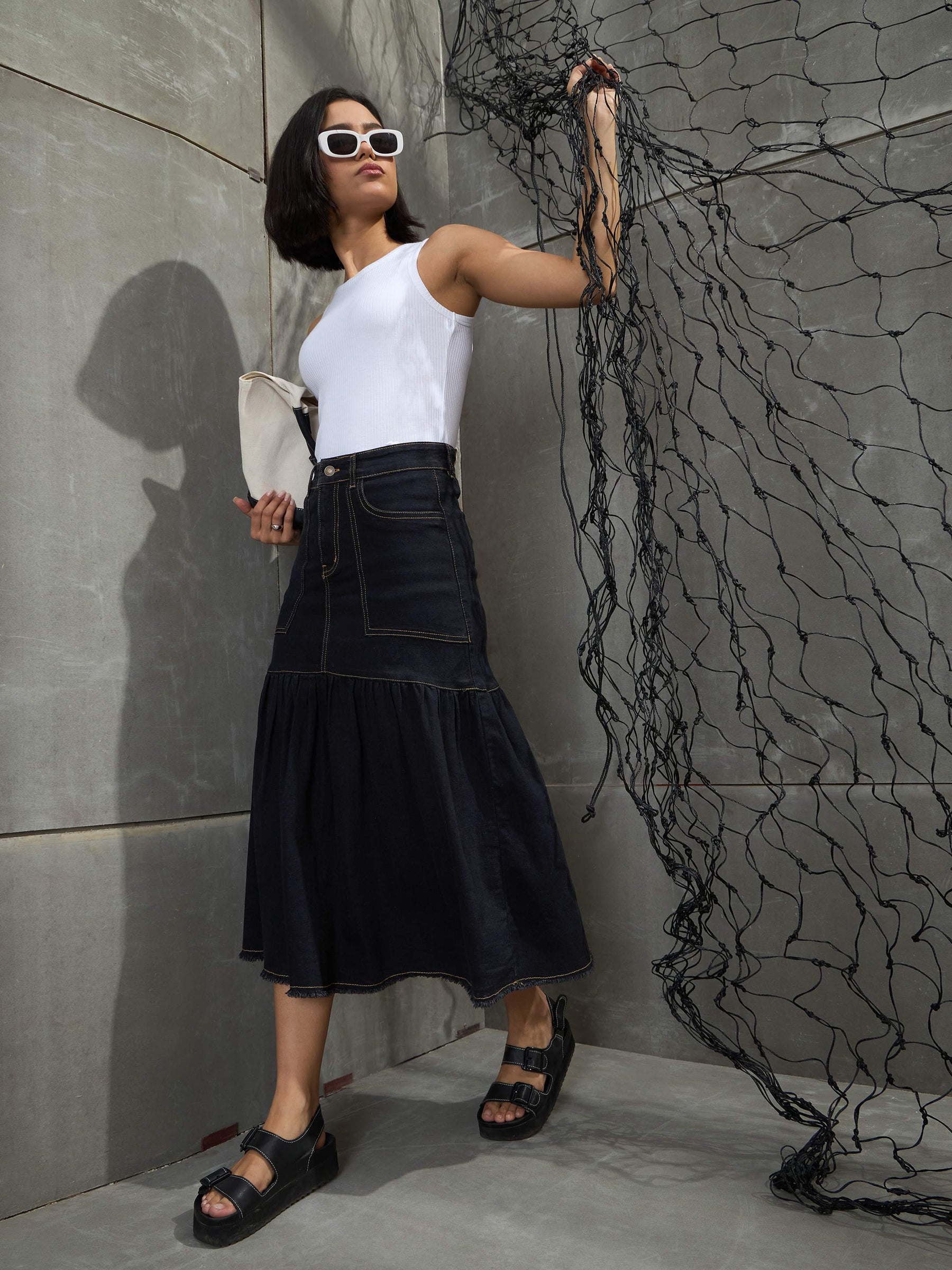 Black Denim Flared Midi Skirt-SASSAFRAS