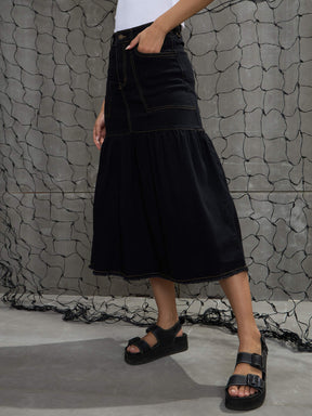 Black Denim Flared Midi Skirt-SASSAFRAS