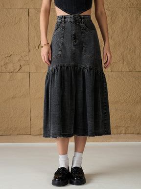 Grey Washed Denim Flared Midi Skirt-SASSAFRAS