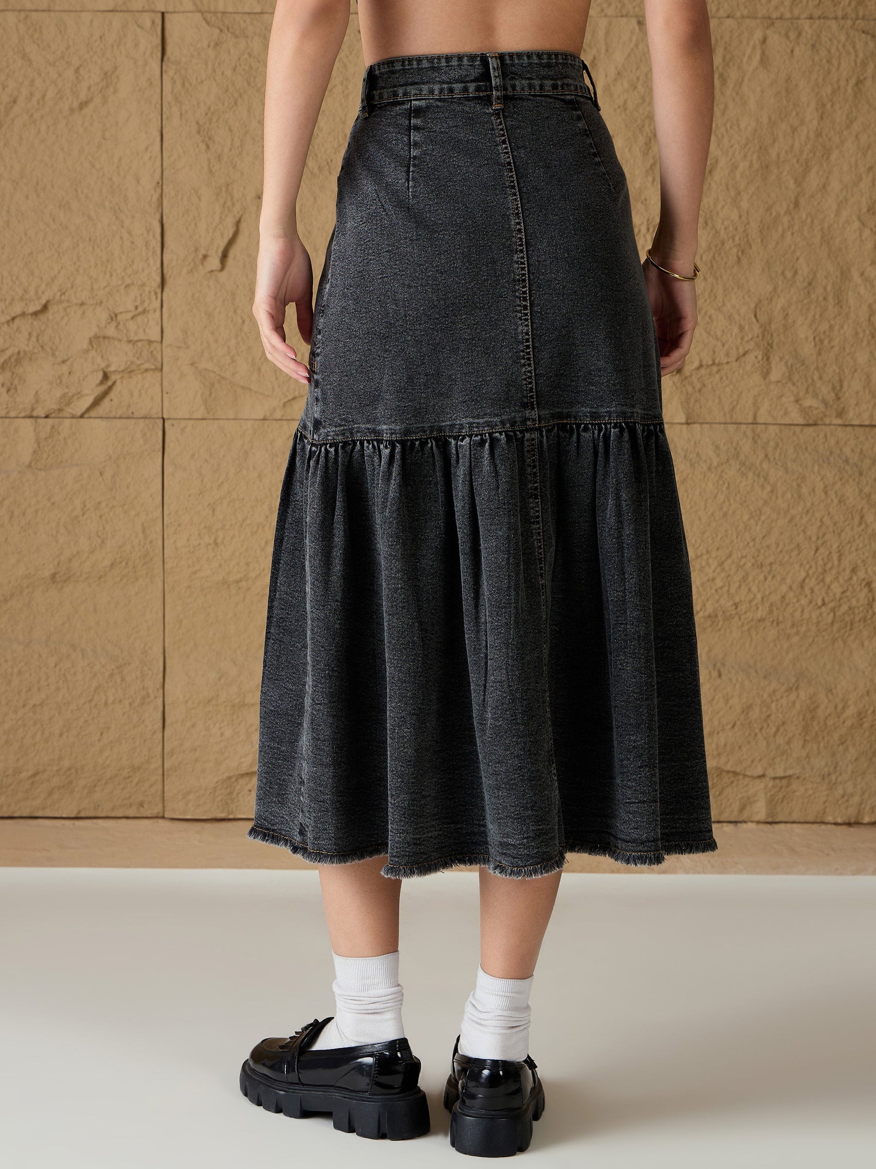 Grey Washed Denim Flared Midi Skirt-SASSAFRAS