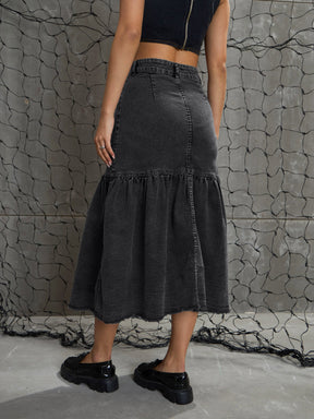 Grey Washed Denim Flared Midi Skirt-SFSKRT30485-Grey