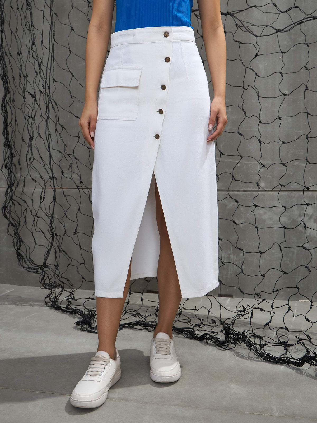 White Front Button Wrap Skirt-SASSAFRAS