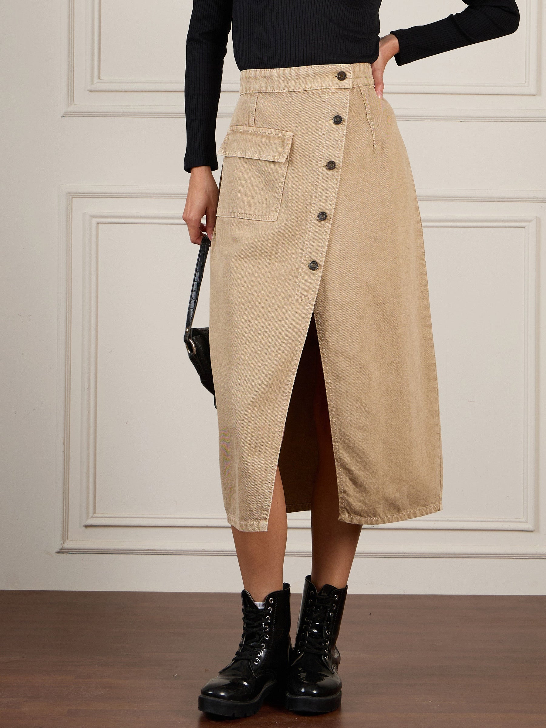 Beige Front Button Wrap Skirt-SASSAFRAS